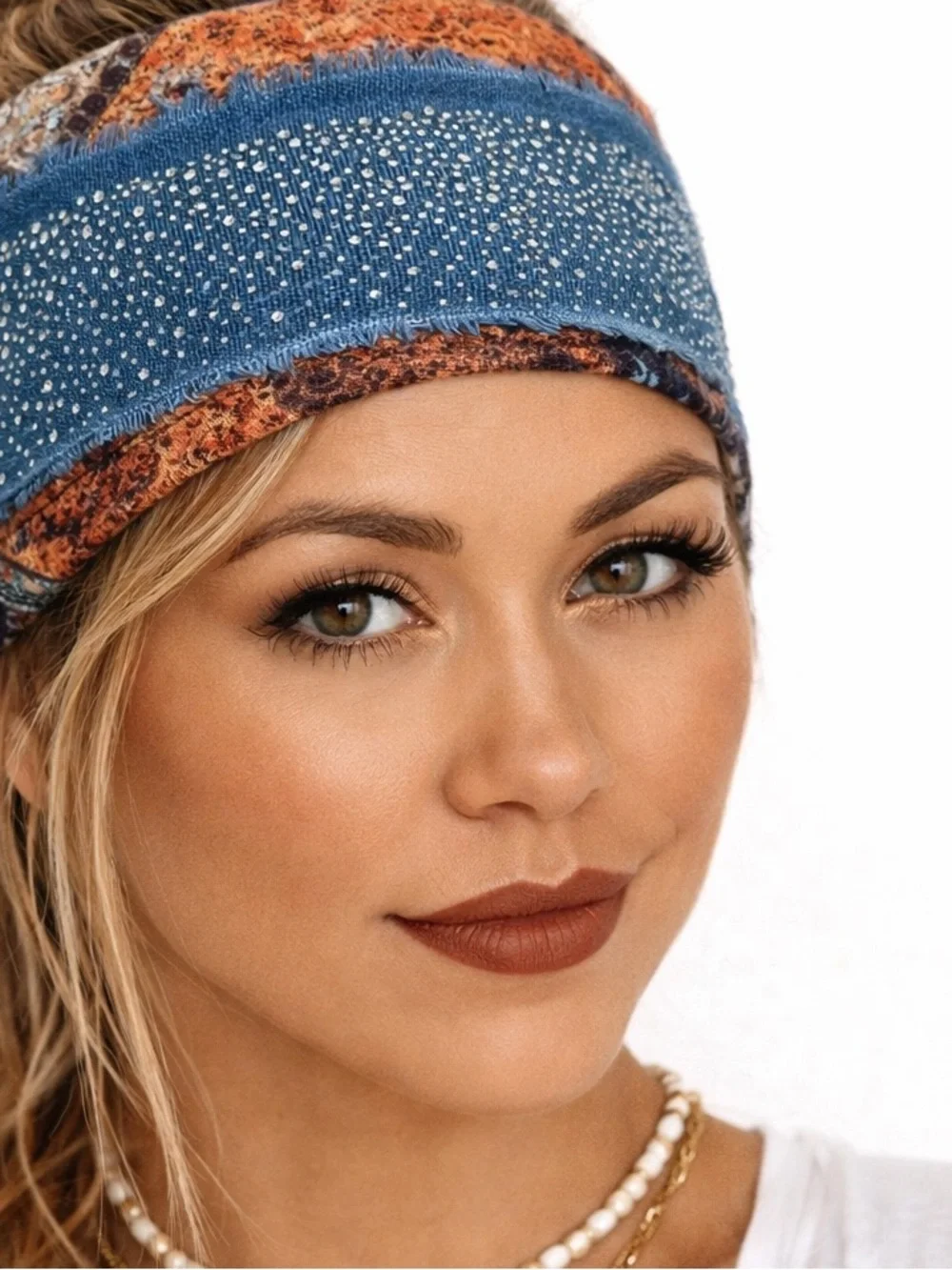 Bohemian Hippie Patchwork Wide Headbands Duo Fits All Rhinestone Cotton Linen